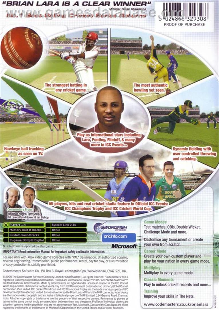 Brian Lara International Cricket 2005 - Microsoft Xbox - Artwork - Box Back