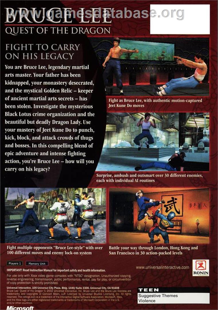 Bruce Lee: Quest of the Dragon - Microsoft Xbox - Artwork - Box Back