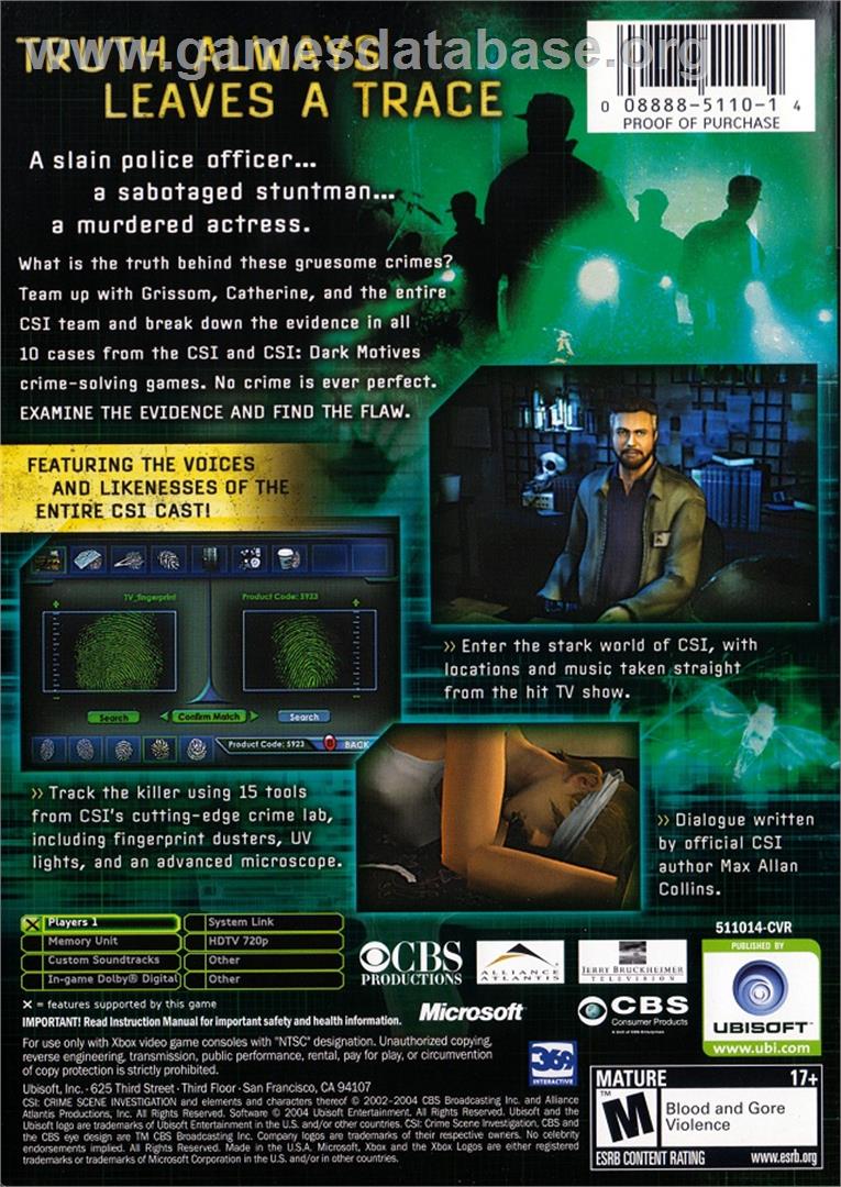 CSI: Crime Scene Investigation - Microsoft Xbox - Artwork - Box Back