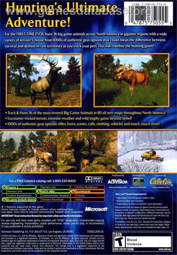 Cabela's Big Game Hunter 2005 Adventures - Microsoft Xbox - Artwork - Box Back