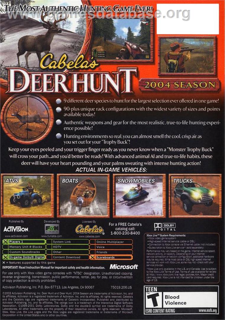 Cabela's Deer Hunt: 2004 Season - Microsoft Xbox - Artwork - Box Back