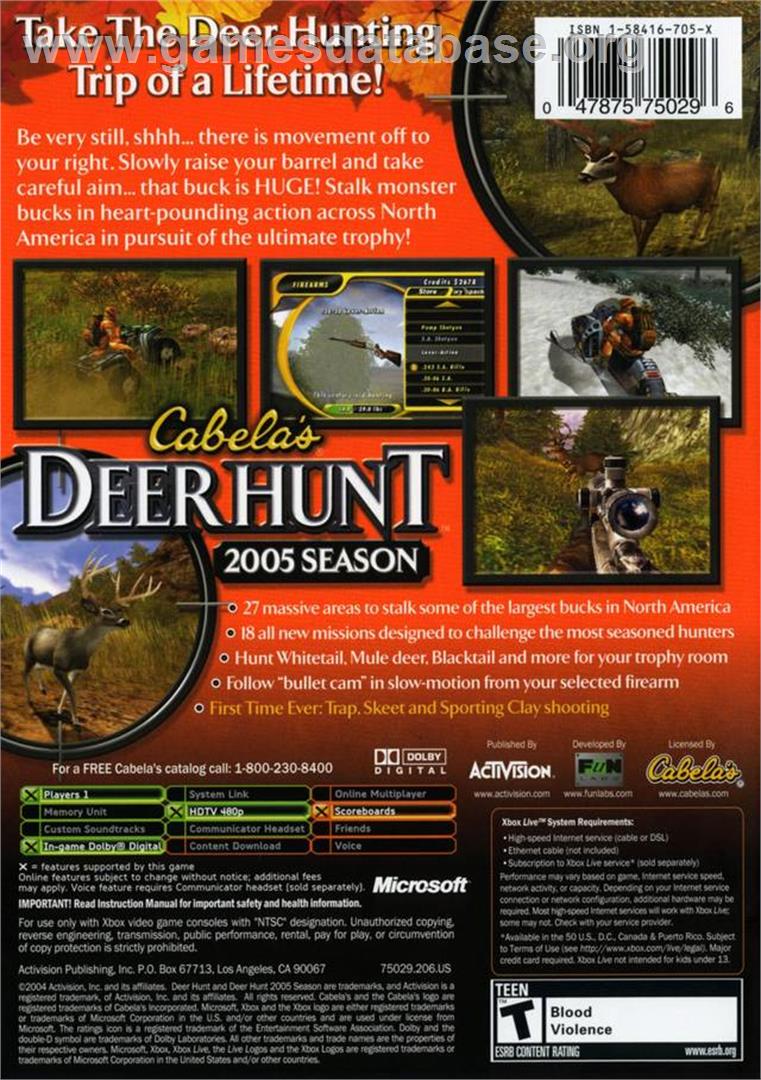 Cabela's Deer Hunt: 2005 Season - Microsoft Xbox - Artwork - Box Back