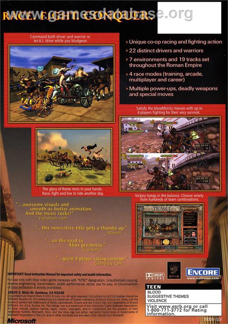 Circus Maximus: Chariot Wars - Microsoft Xbox - Artwork - Box Back