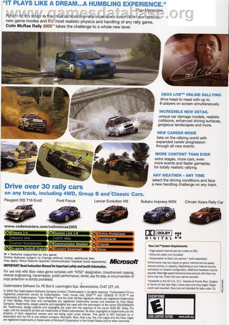 Colin McRae Rally 2005 - Microsoft Xbox - Artwork - Box Back