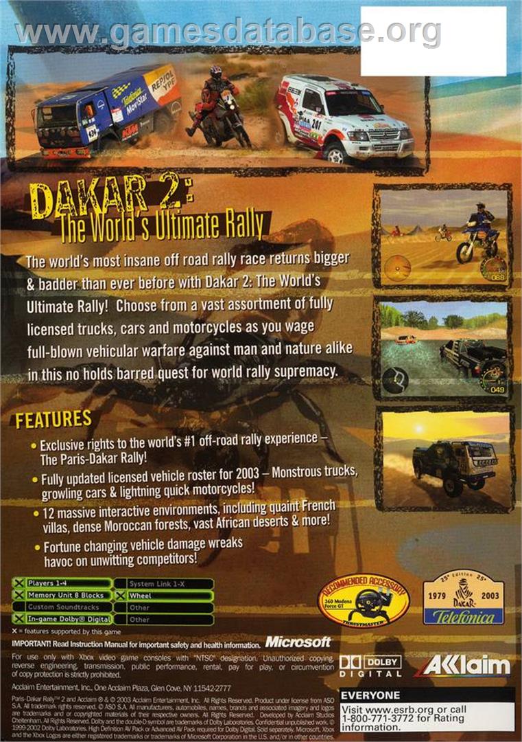 Dakar 2: The World's Ultimate Rally - Microsoft Xbox - Artwork - Box Back