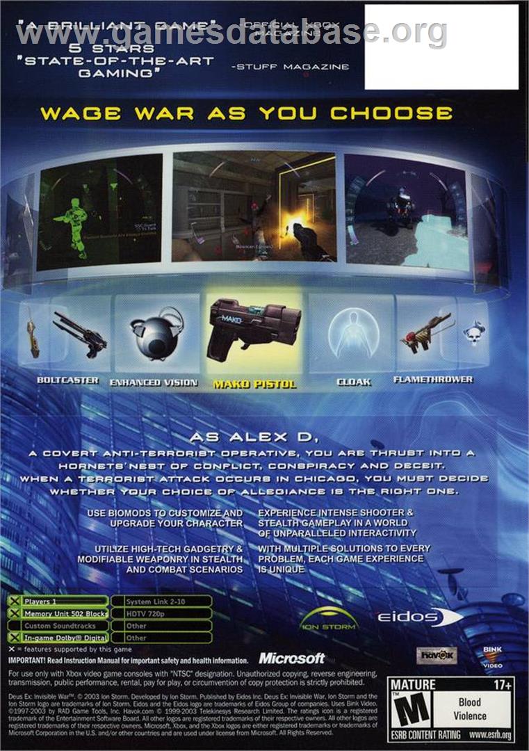 Deus Ex: Invisible War - Microsoft Xbox - Artwork - Box Back