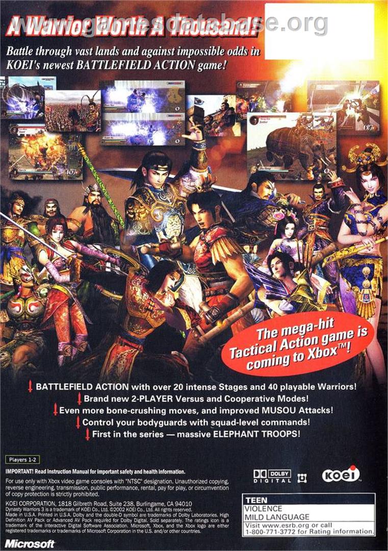 Dynasty Warriors 3 - Microsoft Xbox - Artwork - Box Back