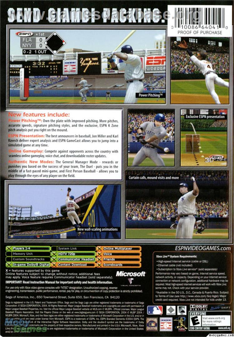 ESPN Major League Baseball - Microsoft Xbox - Artwork - Box Back