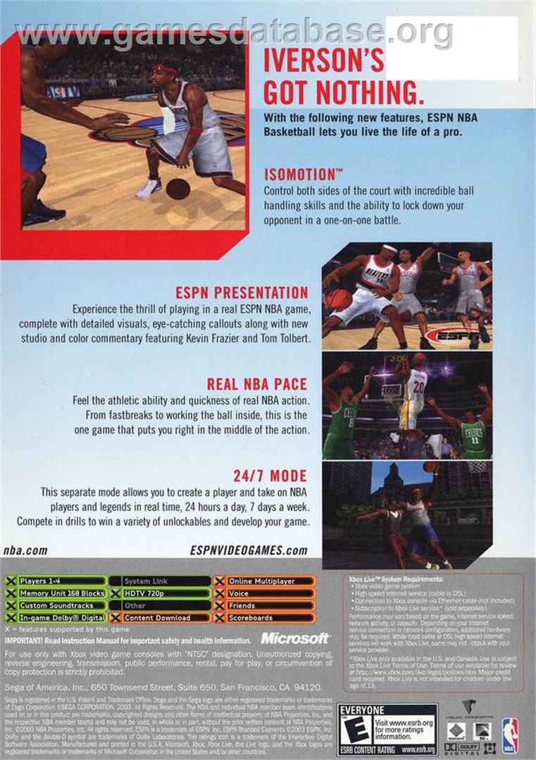 ESPN NBA Basketball - Microsoft Xbox - Artwork - Box Back