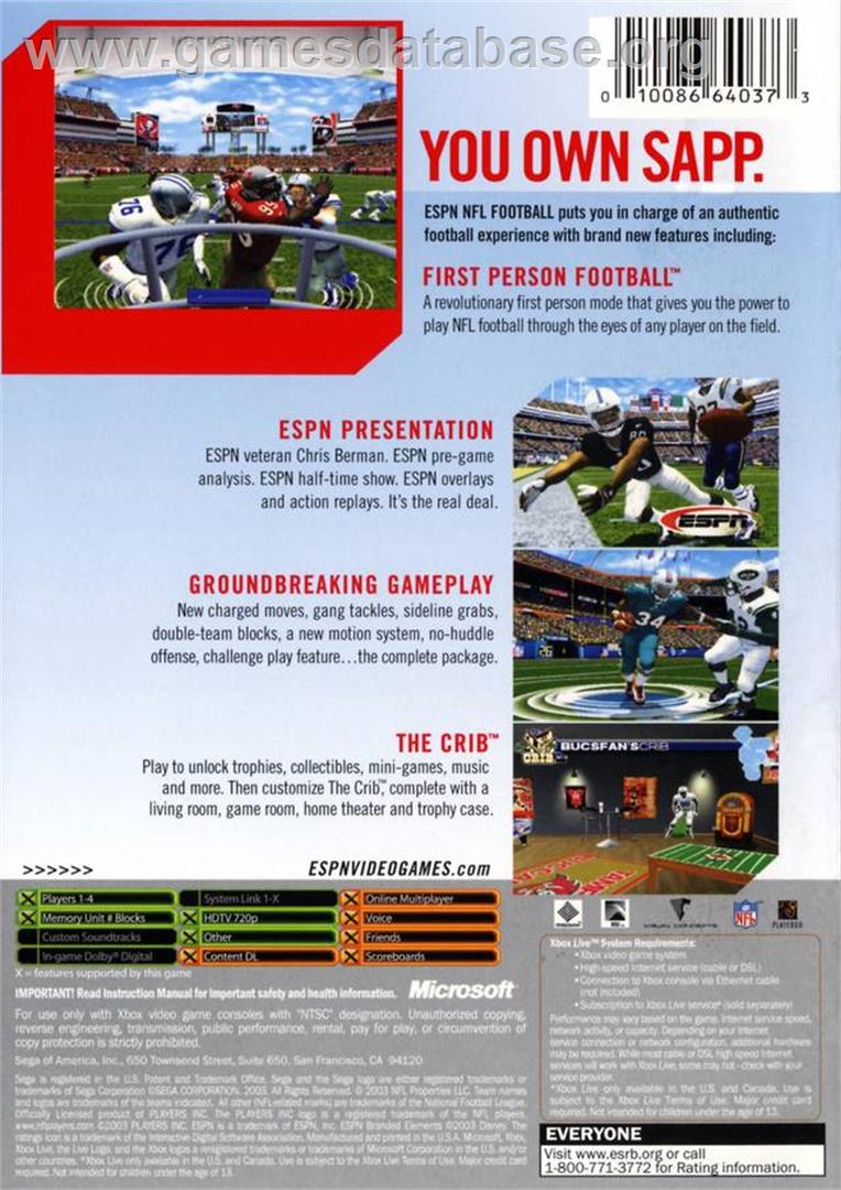ESPN NFL Football - Microsoft Xbox - Artwork - Box Back