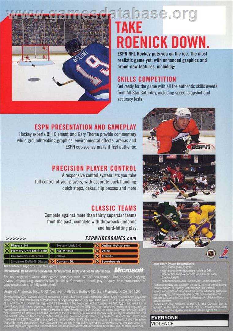 ESPN NHL Hockey - Microsoft Xbox - Artwork - Box Back