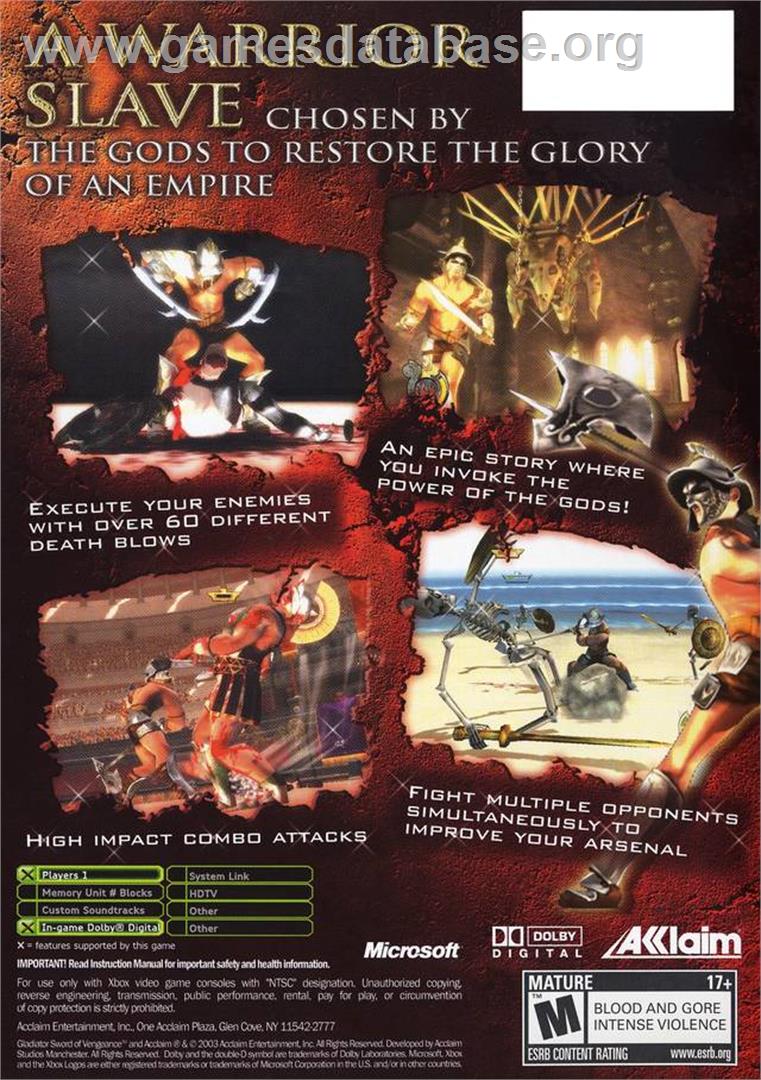 Gladiator: Sword of Vengeance - Microsoft Xbox - Artwork - Box Back