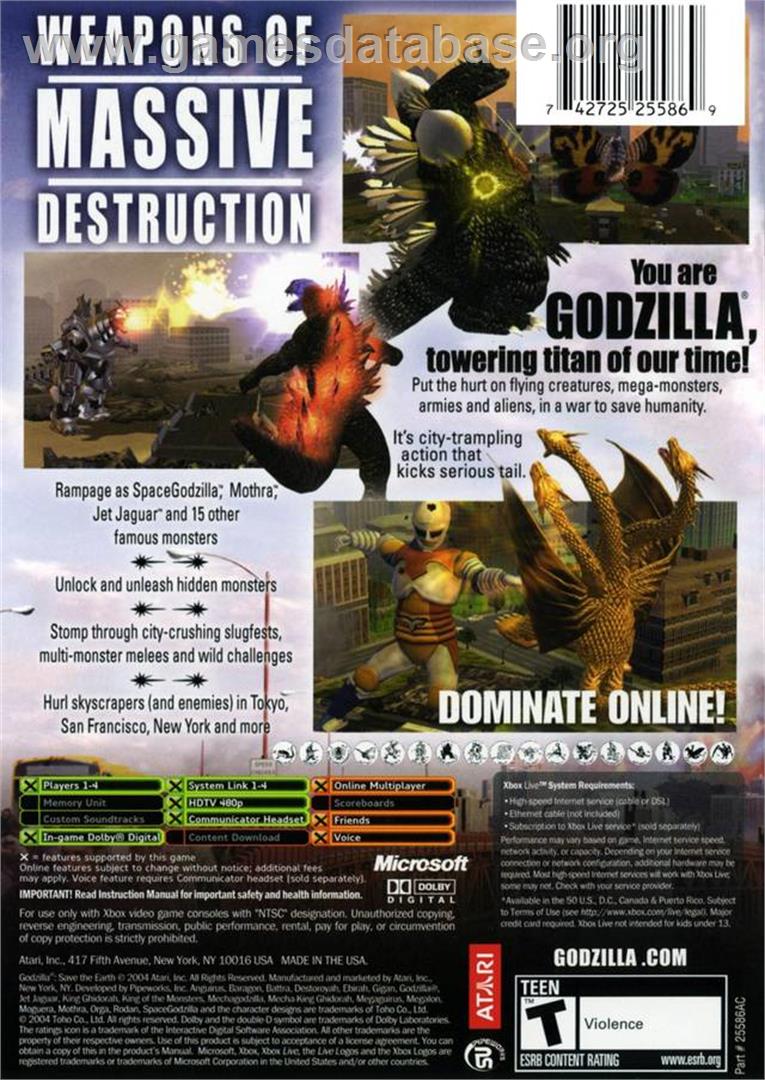 Godzilla: Save the Earth - Microsoft Xbox - Artwork - Box Back