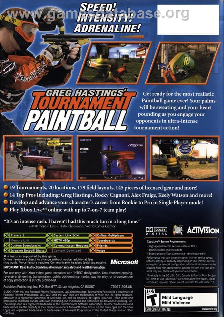 Greg Hastings' Tournament Paintball - Microsoft Xbox - Artwork - Box Back