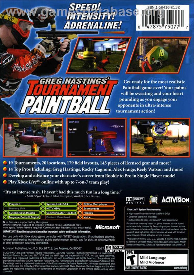 Greg Hastings' Tournament Paintball MAX'D - Microsoft Xbox - Artwork - Box Back
