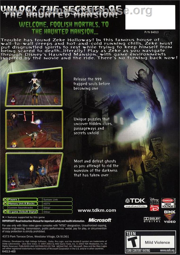 Haunted Mansion - Microsoft Xbox - Artwork - Box Back