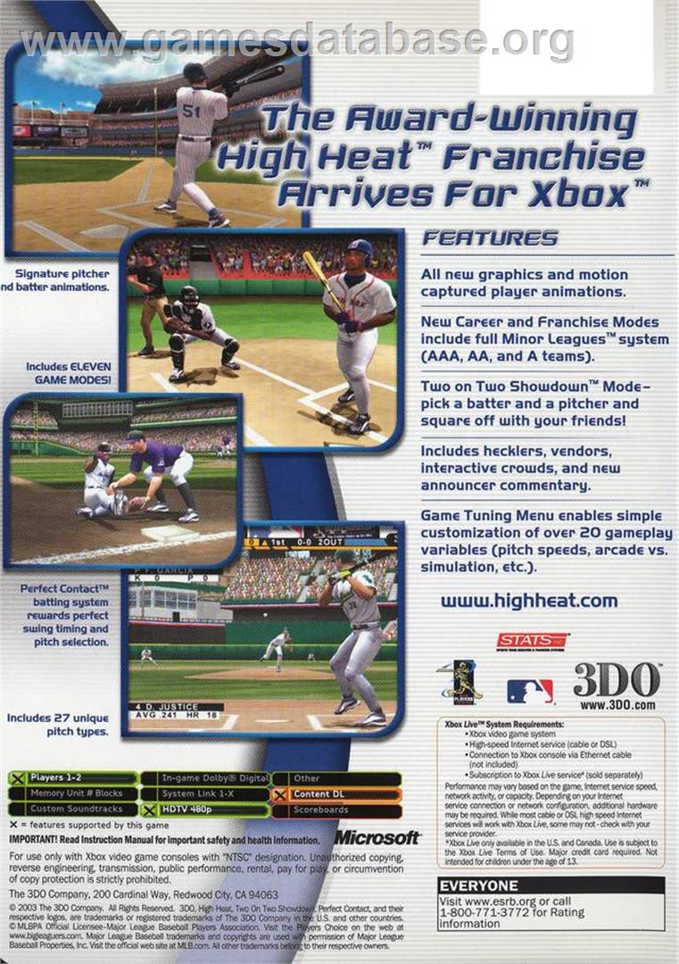 High Heat Major League Baseball 2004 - Microsoft Xbox - Artwork - Box Back
