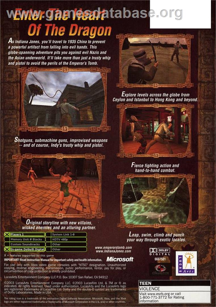 Indiana Jones and the Emperor's Tomb - Microsoft Xbox - Artwork - Box Back