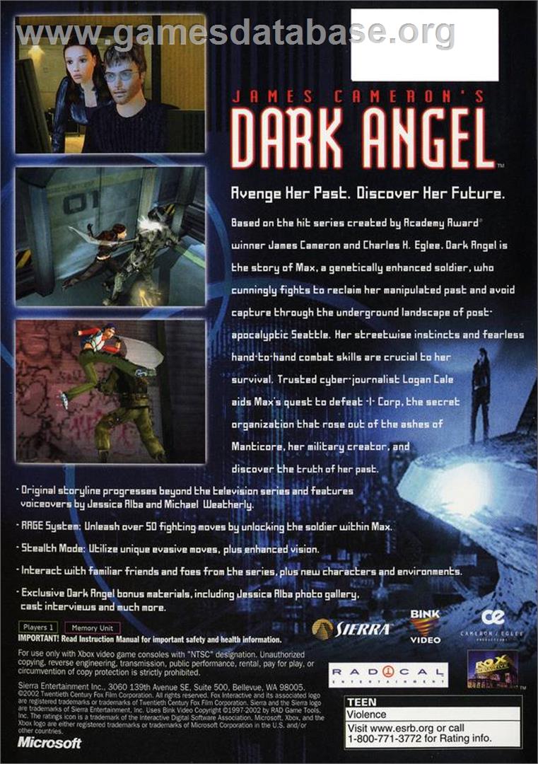 James Cameron's Dark Angel - Microsoft Xbox - Artwork - Box Back