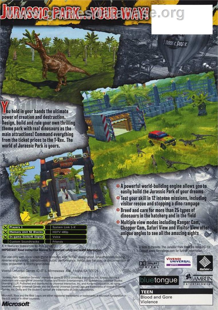Jurassic Park: Operation Genesis - Microsoft Xbox - Artwork - Box Back