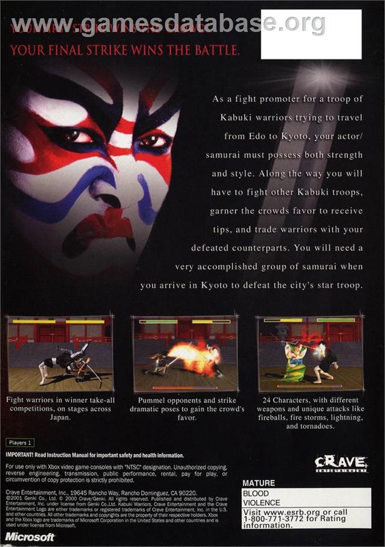 Kabuki Warriors - Microsoft Xbox - Artwork - Box Back