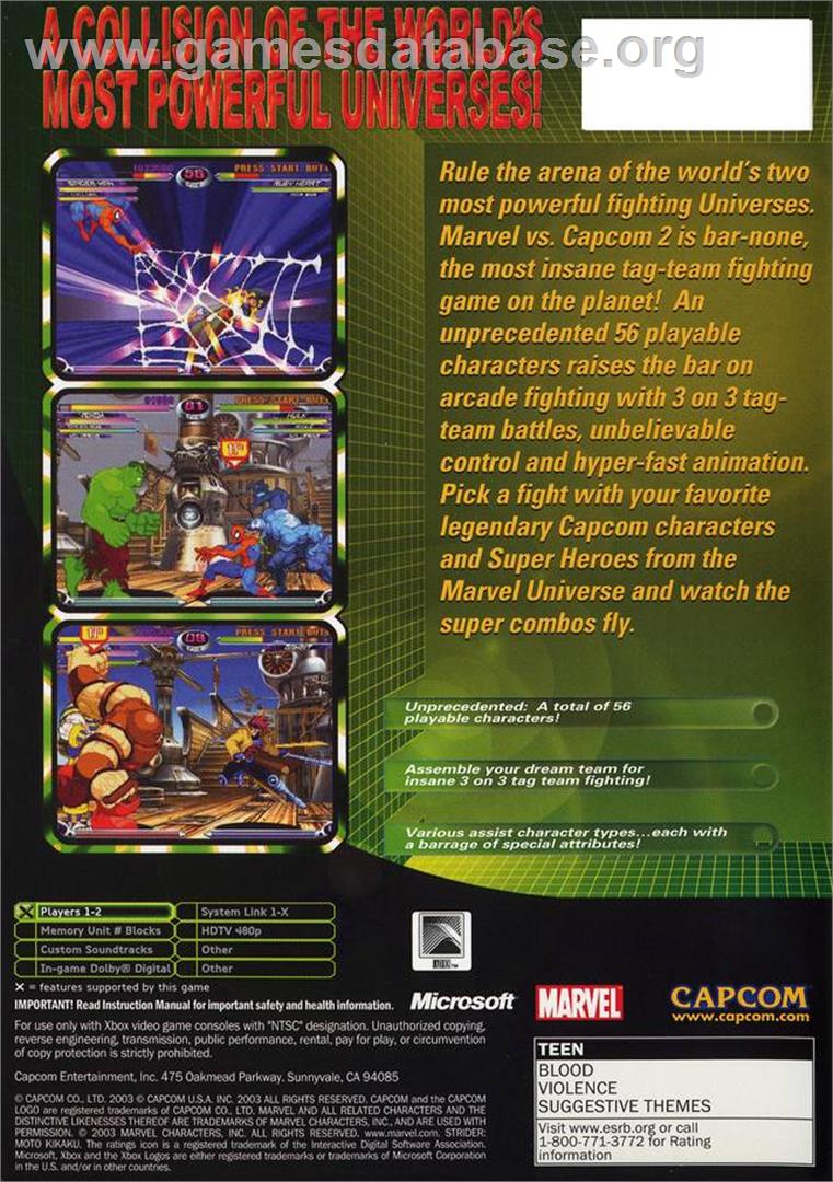 Marvel vs. Capcom 2 - Microsoft Xbox - Artwork - Box Back
