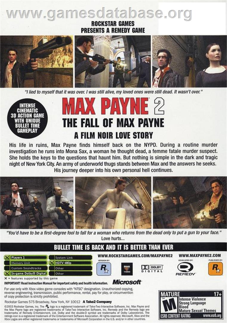 Max Payne 2: The Fall of Max Payne - Microsoft Xbox - Artwork - Box Back