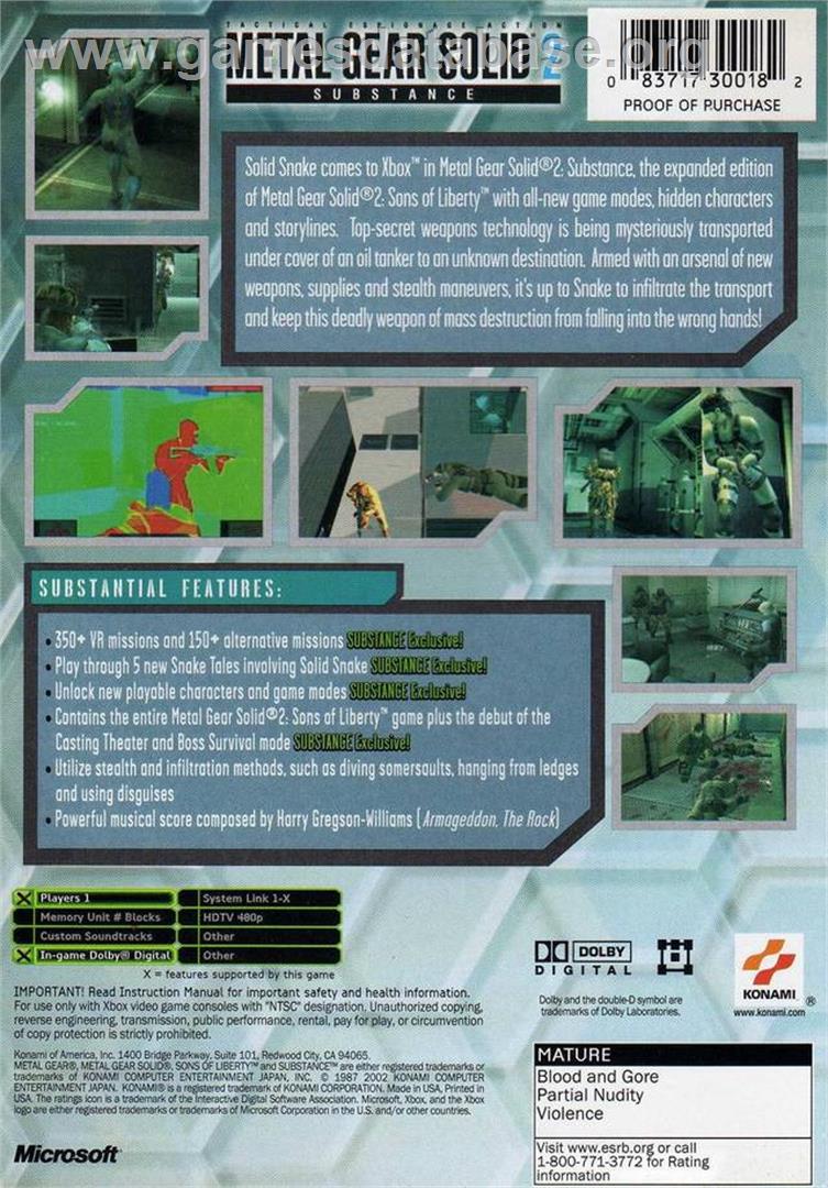 Metal Gear Solid 2: Substance - Microsoft Xbox - Artwork - Box Back