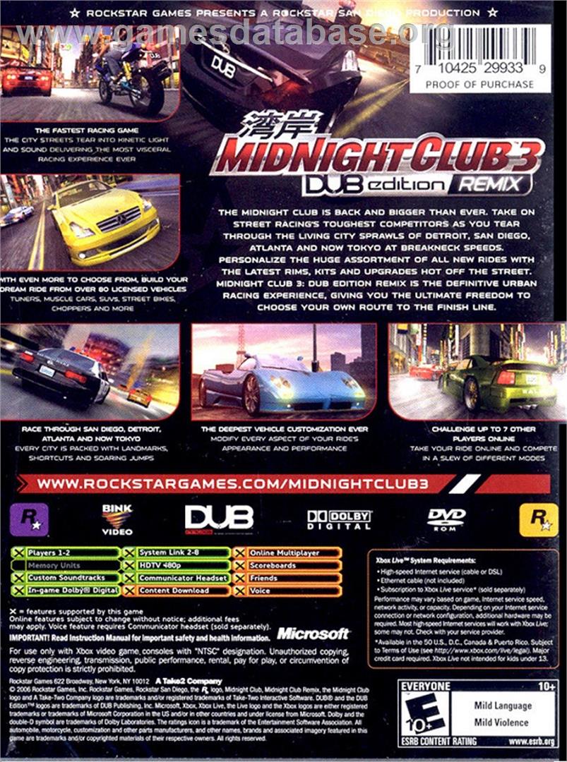 Midnight Club 3: DUB Edition Remix - Microsoft Xbox - Artwork - Box Back