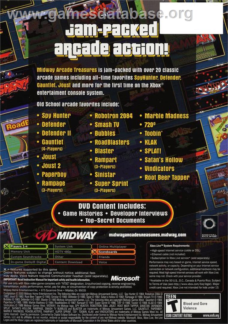 Midway Arcade Treasures - Microsoft Xbox - Artwork - Box Back