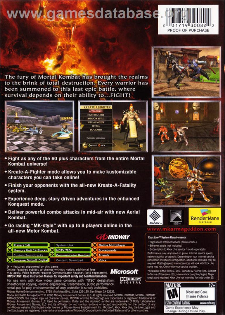 Mortal Kombat: Armageddon - Microsoft Xbox - Artwork - Box Back