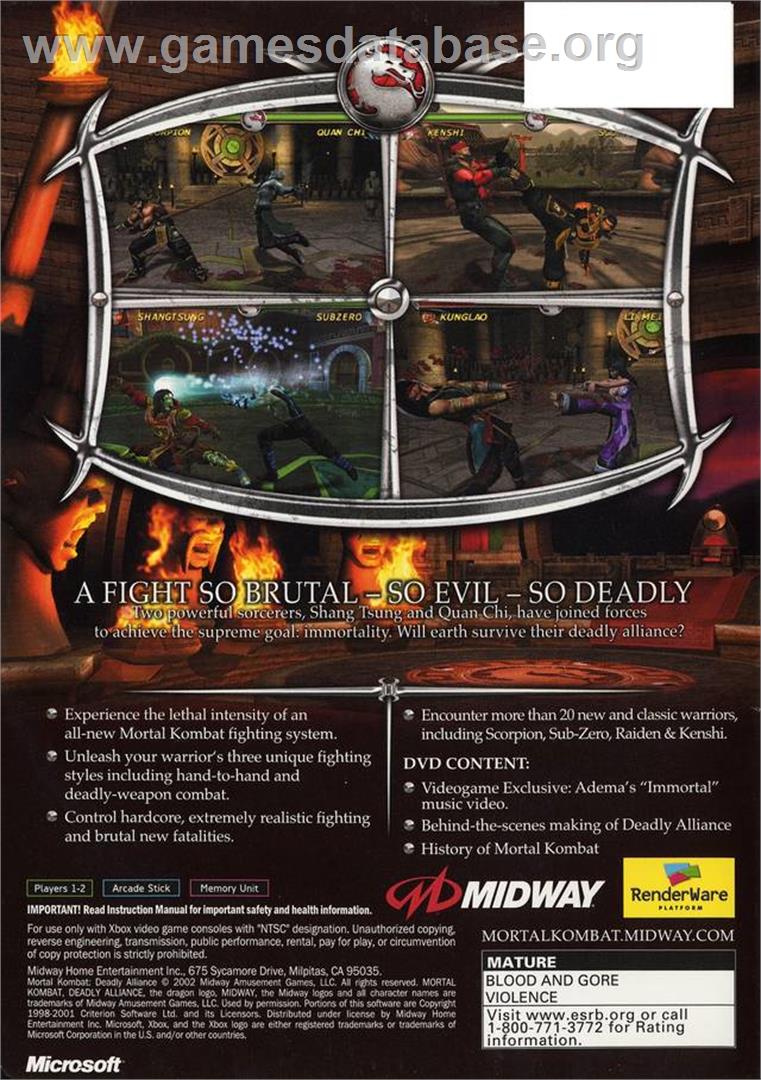 Mortal Kombat: Deadly Alliance - Microsoft Xbox - Artwork - Box Back