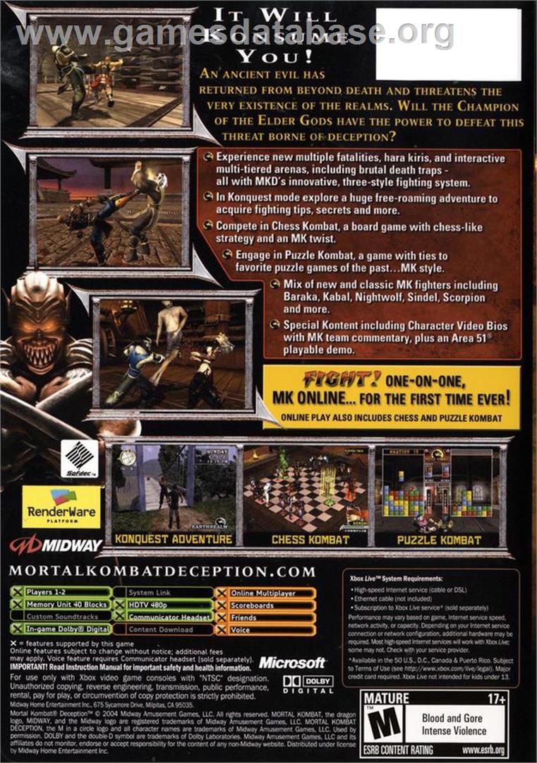 Mortal Kombat: Deception - Microsoft Xbox - Artwork - Box Back