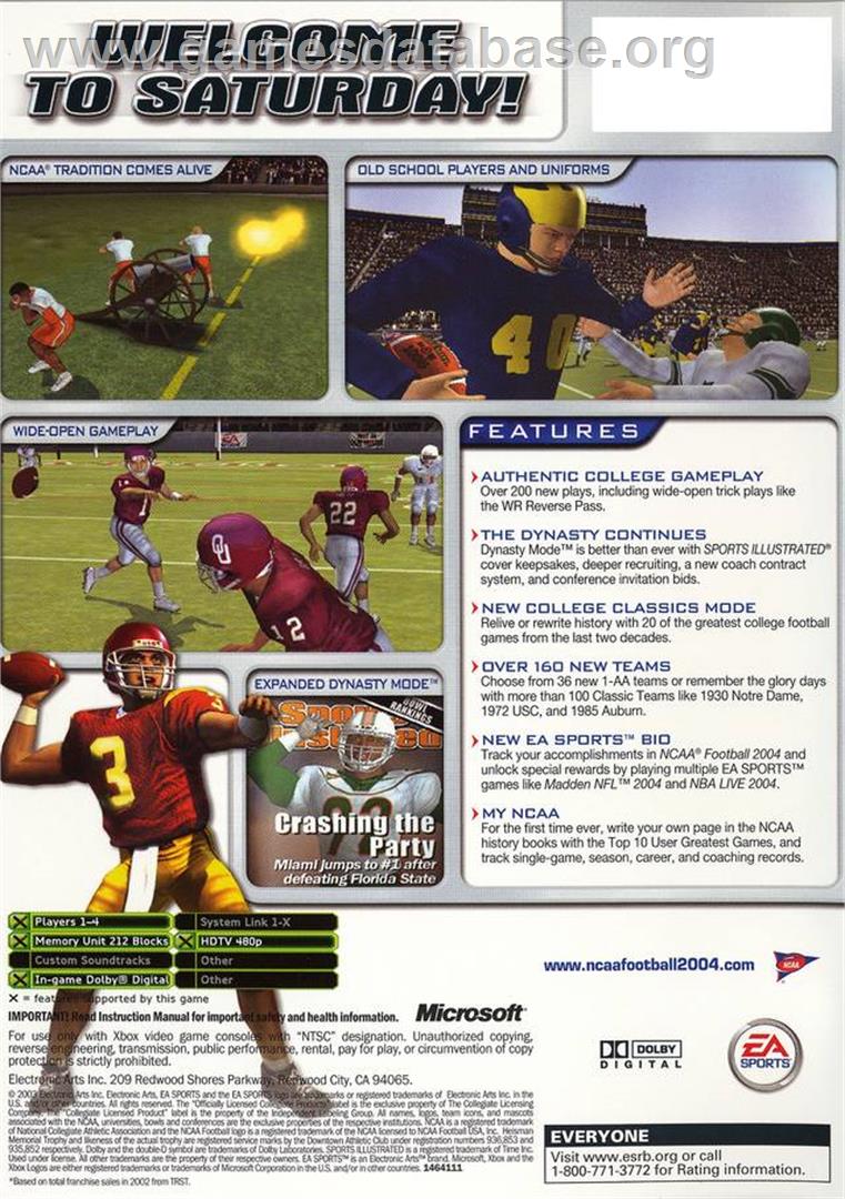 NCAA Football 2004 - Microsoft Xbox - Artwork - Box Back