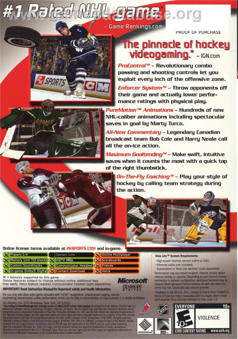 NHL 2K6 - Microsoft Xbox - Artwork - Box Back