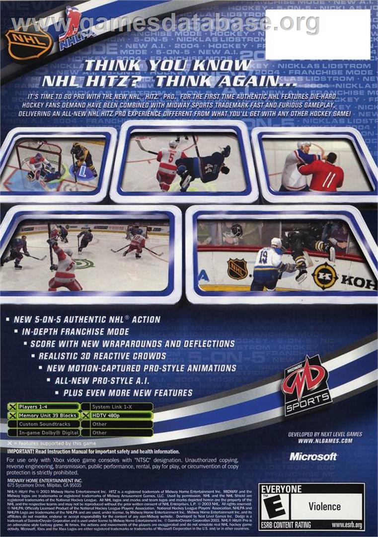 NHL Hitz Pro - Microsoft Xbox - Artwork - Box Back