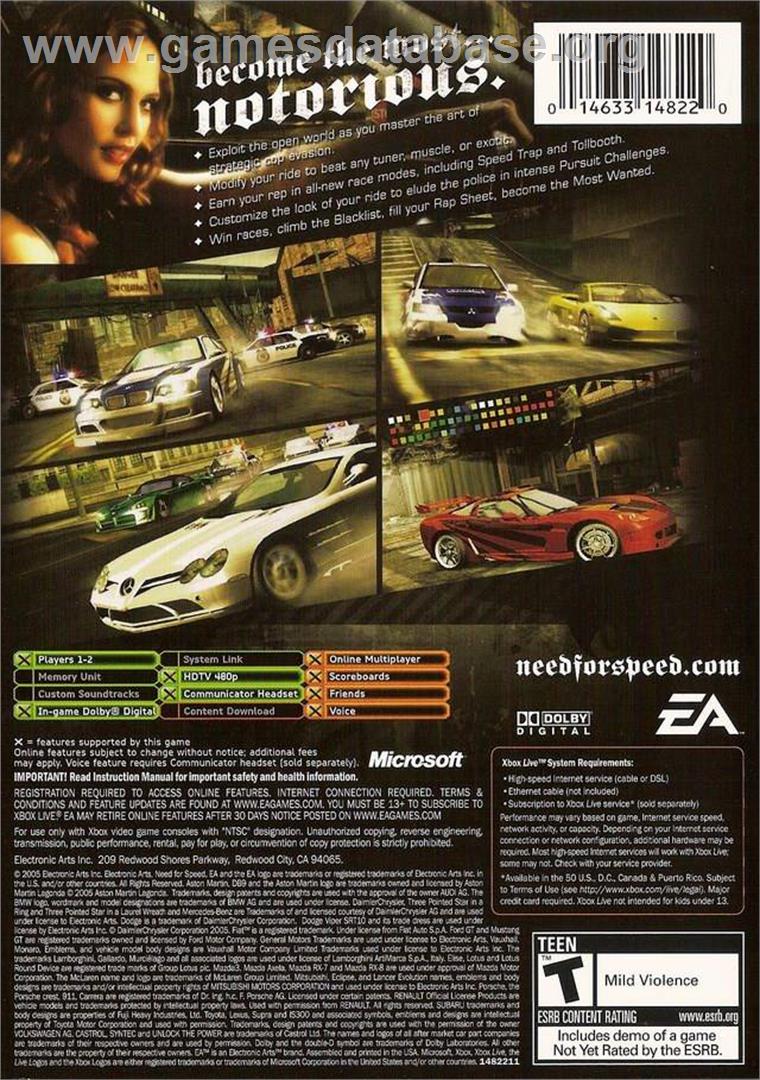 Need for Speed: Most Wanted - Microsoft Xbox - Artwork - Box Back