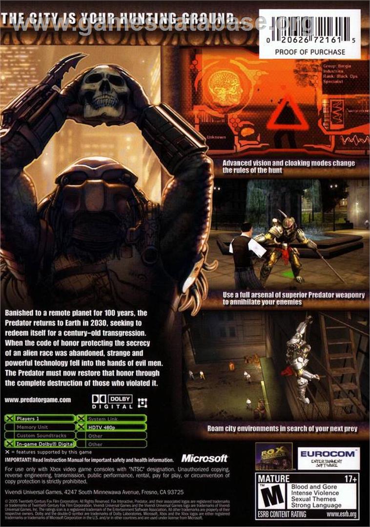 Predator: Concrete Jungle - Microsoft Xbox - Artwork - Box Back