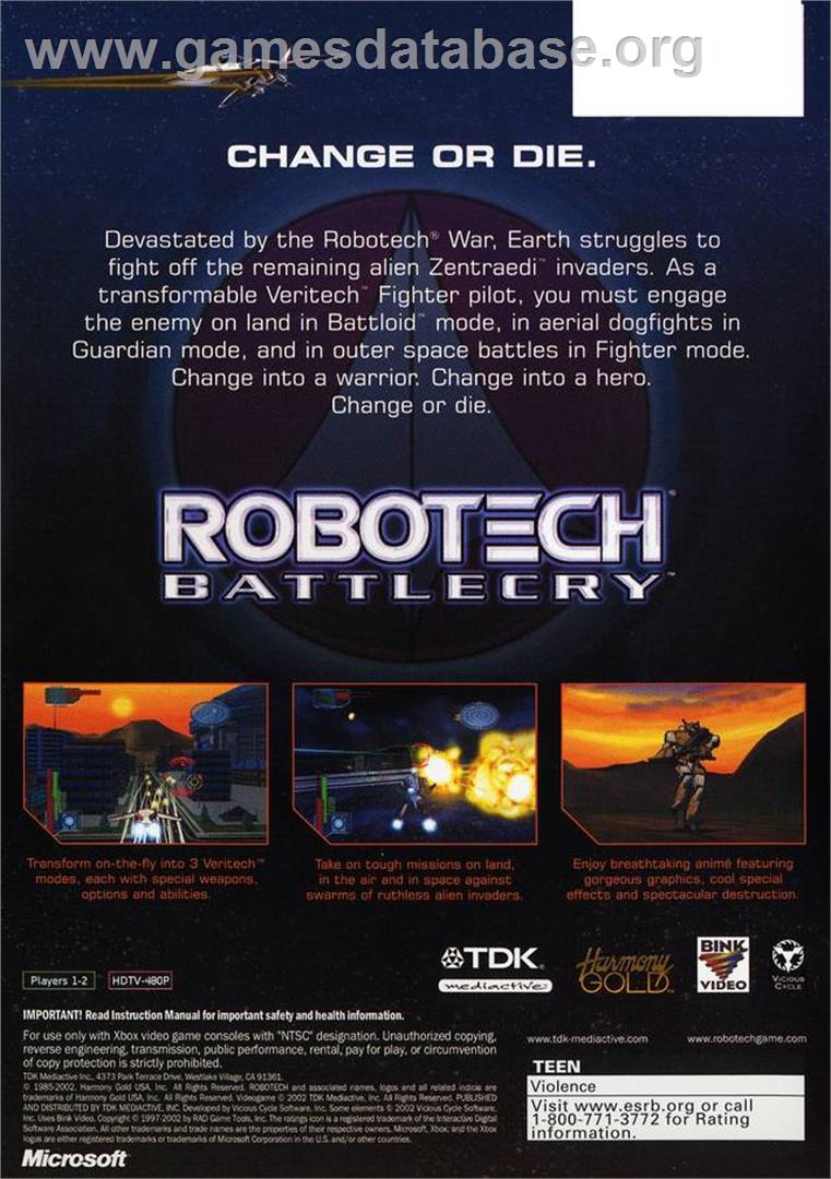 Robotech: Battlecry (Collector's Edition) - Microsoft Xbox - Artwork - Box Back