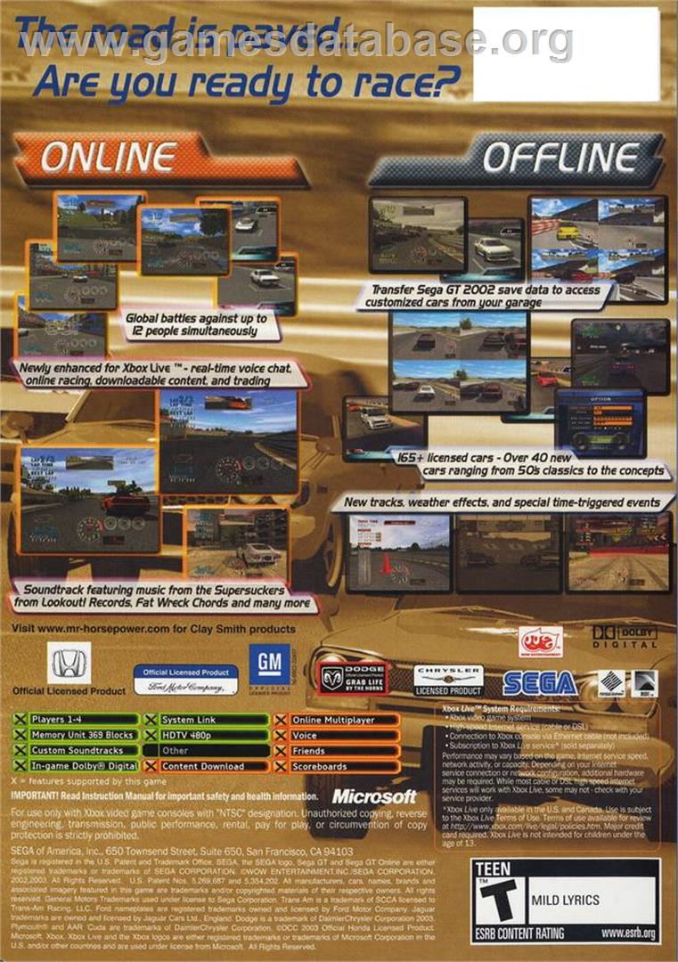 Sega GT Online - Microsoft Xbox - Artwork - Box Back