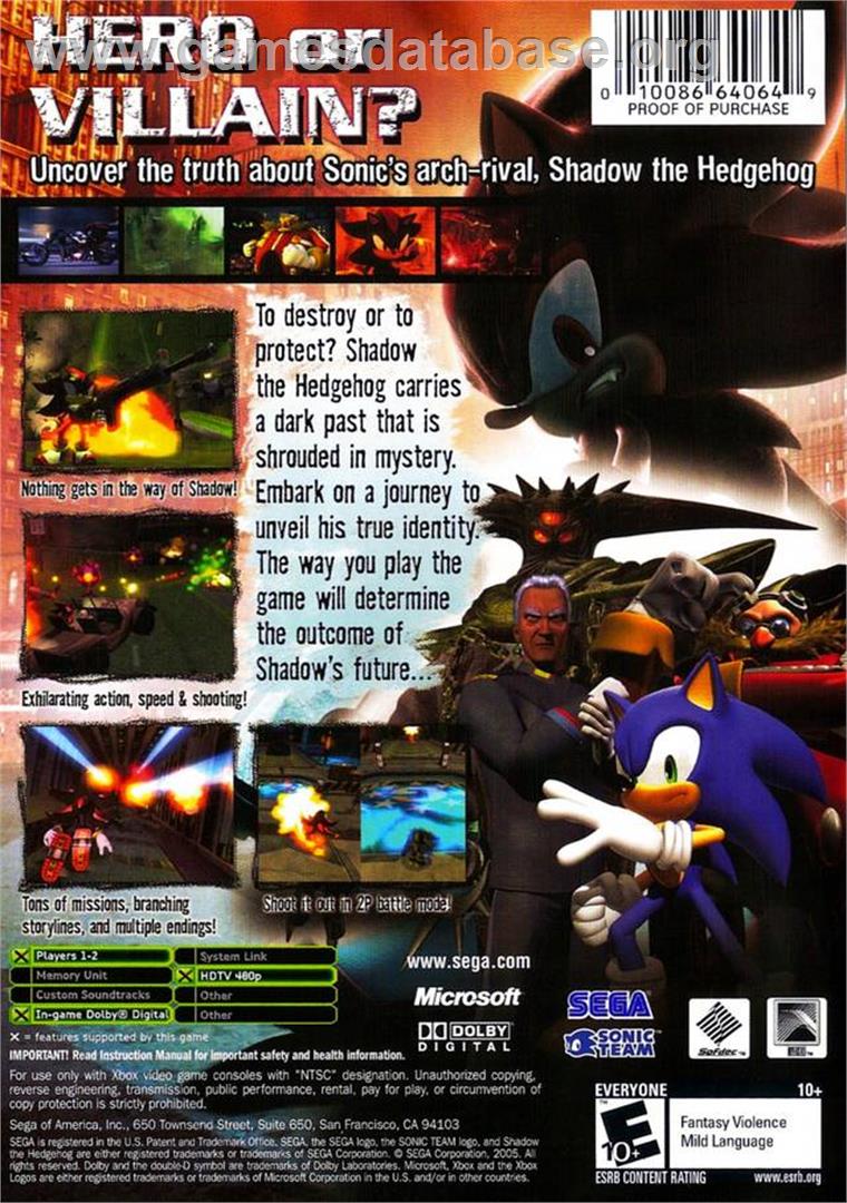 Shadow the Hedgehog - Microsoft Xbox - Artwork - Box Back
