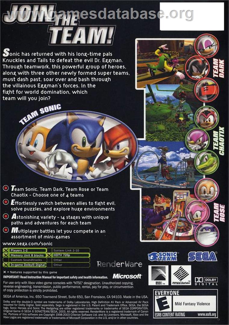 Sonic Heroes - Microsoft Xbox - Artwork - Box Back