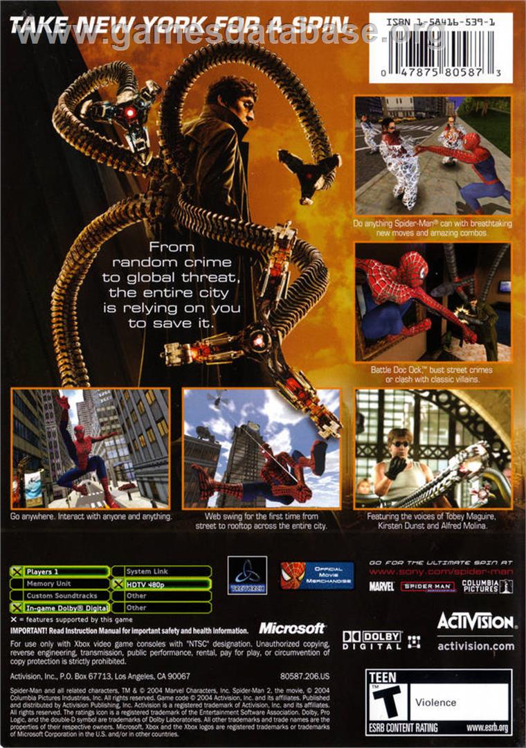 Spider-Man 2 - Microsoft Xbox - Artwork - Box Back