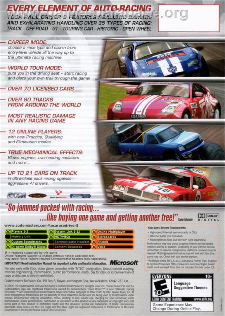 TOCA Race Driver 3 - Microsoft Xbox - Artwork - Box Back