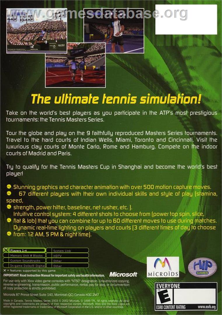 Tennis Masters Series 2003 - Microsoft Xbox - Artwork - Box Back