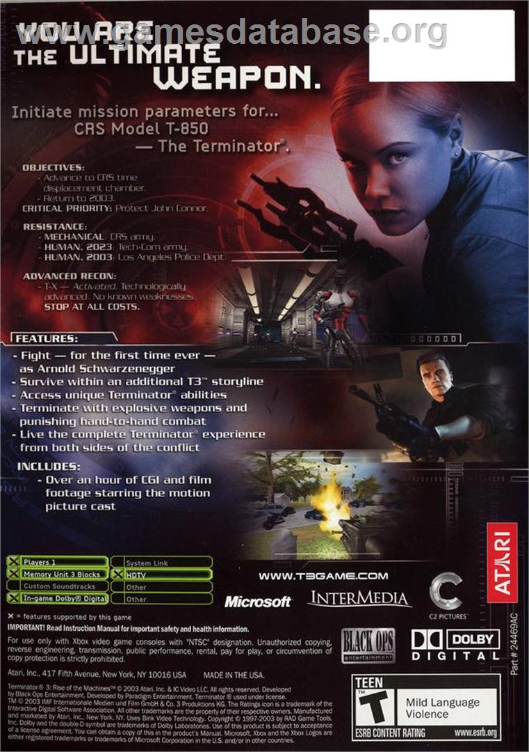 Terminator 3: Rise of the Machines - Microsoft Xbox - Artwork - Box Back