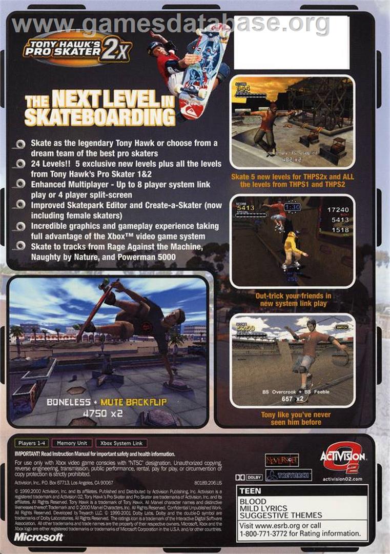 Tony Hawk's Pro Skater 2x - Microsoft Xbox - Artwork - Box Back