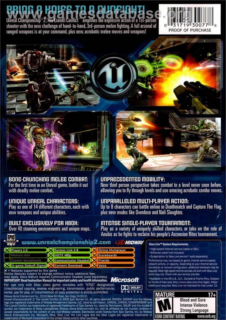 Unreal Championship 2: The Liandri Conflict - Microsoft Xbox - Artwork - Box Back