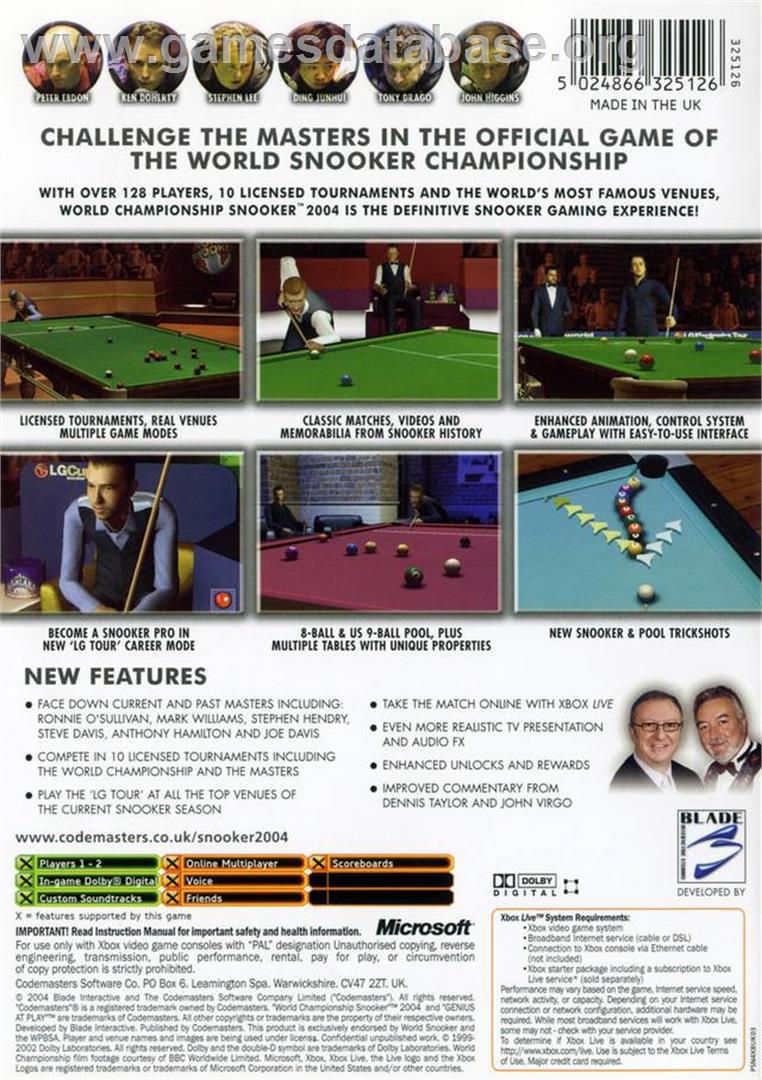 World Championship Snooker 2004 - Microsoft Xbox - Artwork - Box Back