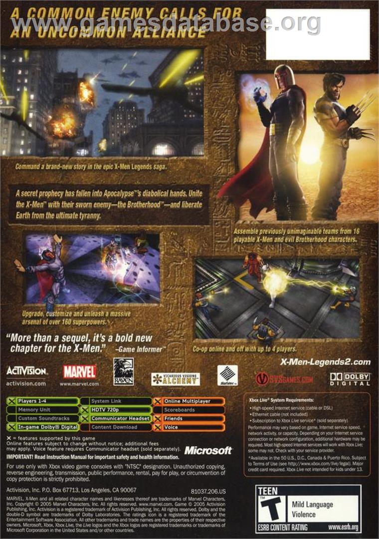 X-Men: Legends II - Rise of Apocalypse - Microsoft Xbox - Artwork - Box Back